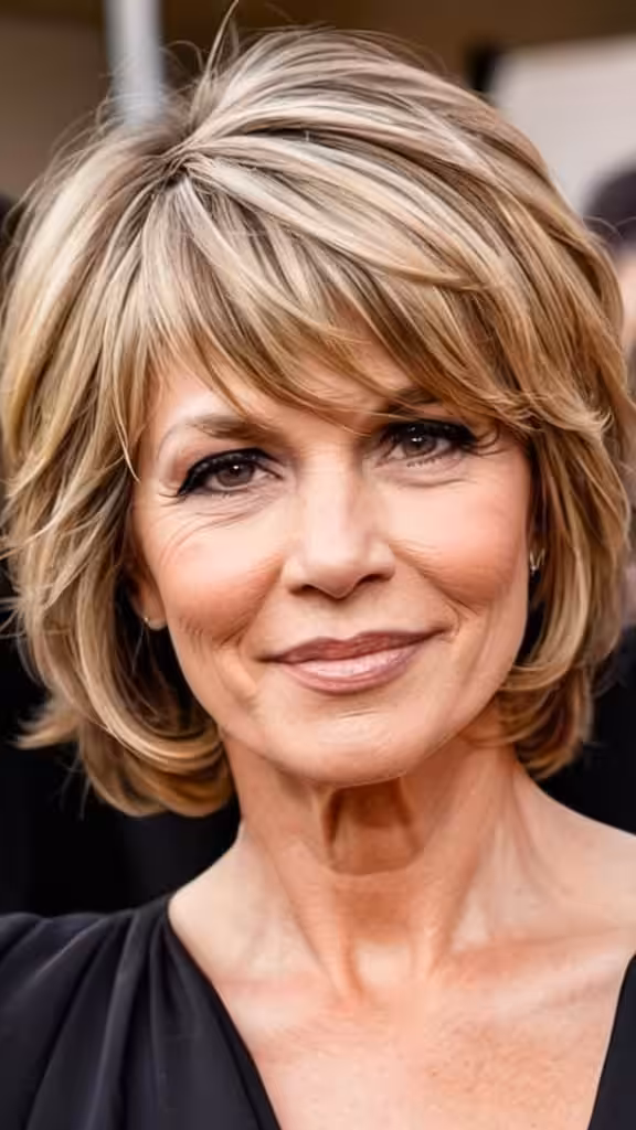 Layered Bob with Side Swept Bangs Wavy Hairstyles For Women Over 50
