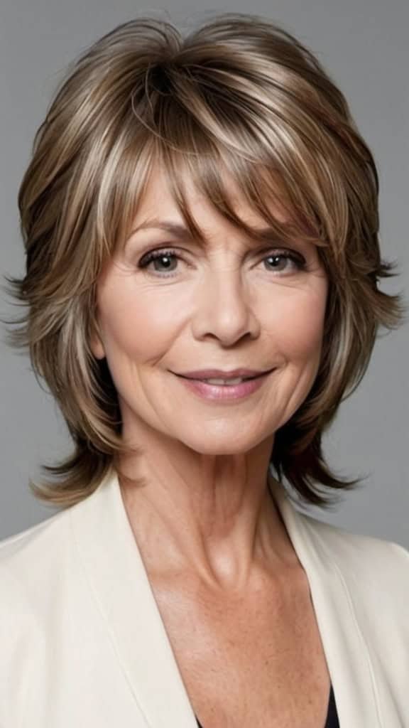Layered Feathered Cut Medium Length Hairstyles For Woman Over 60