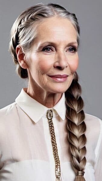 Elderly woman with long braided hair, showcasing elegant hairstyles for older women, in a white blouse and necklace.