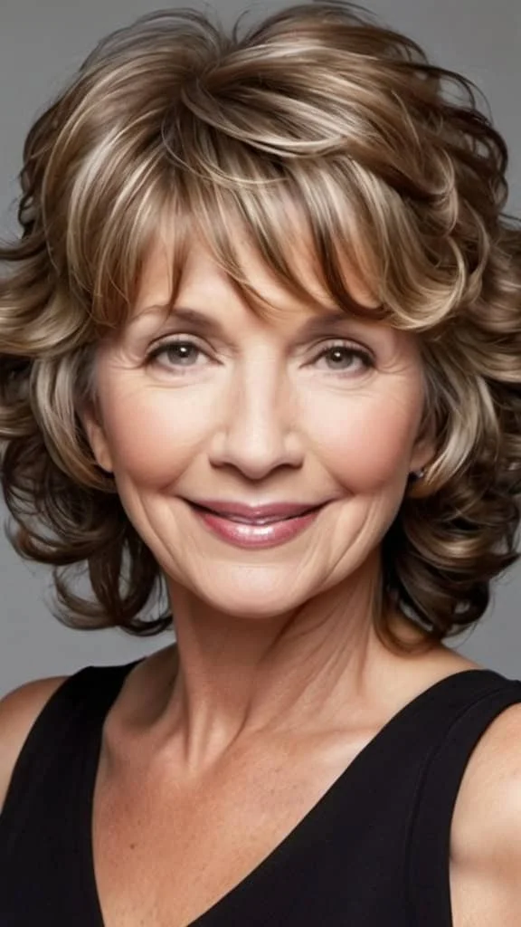Loose Curly Layers Medium Length Hairstyles For Woman Over 60