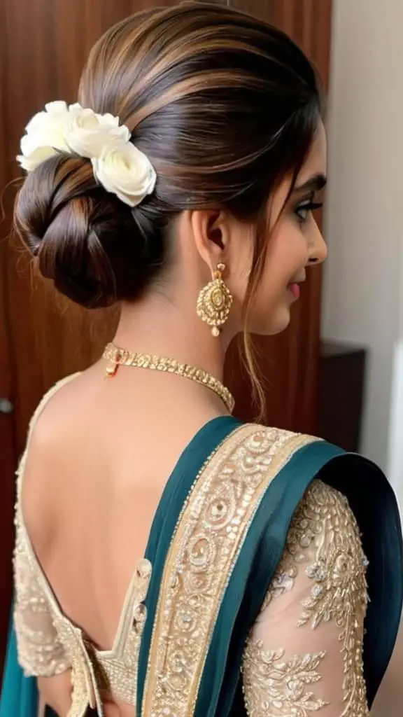 Low Bun with Flicks Indian Wedding Hairstyles for Girls
