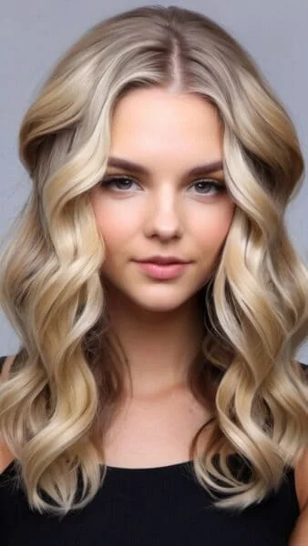 Woman with long, wavy blonde hair and a neutral expression, showcasing a low-maintenance style in a black top against a plain background.