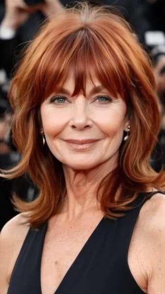Woman over 60 with medium length red hair in a black dress, smiling at an outdoor event.