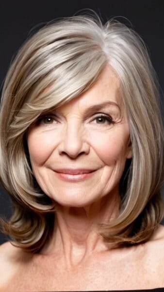 Smiling older woman with medium-length gray hair, showcasing a chic hairstyle for women over 70 against a dark background.