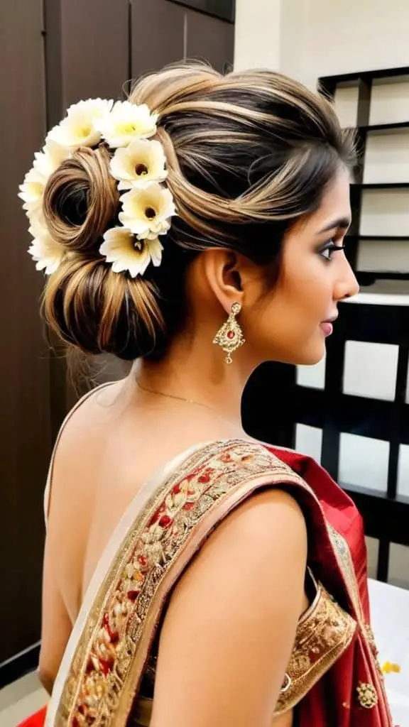 Messy Bun with Flowers Indian Wedding Hairstyles for Women