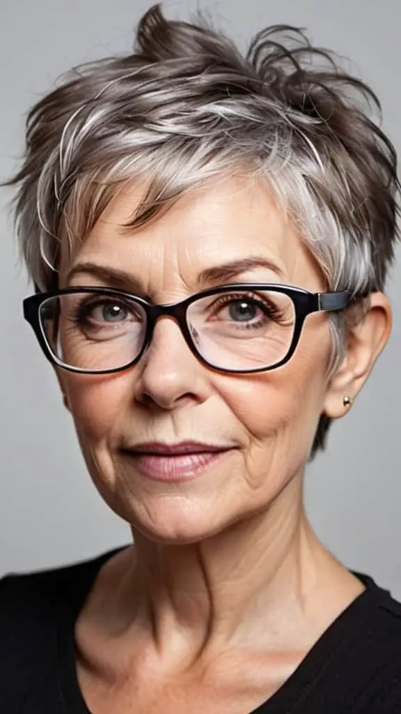 Messy Pixie Hairstyles With Glasses For Woman Over 60