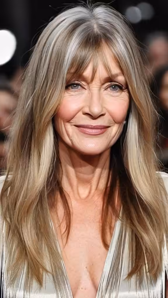 Middle Part with Curtain Fringe Long hairstyles for women over 50