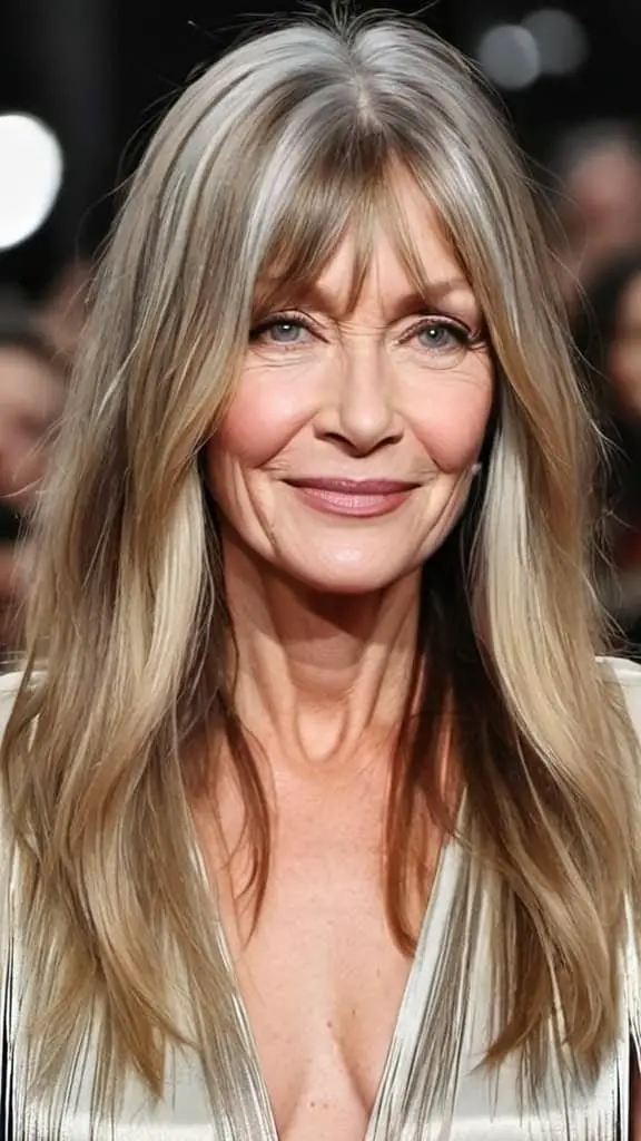 Middle Part with Curtain Fringe Long hairstyles for women over 50