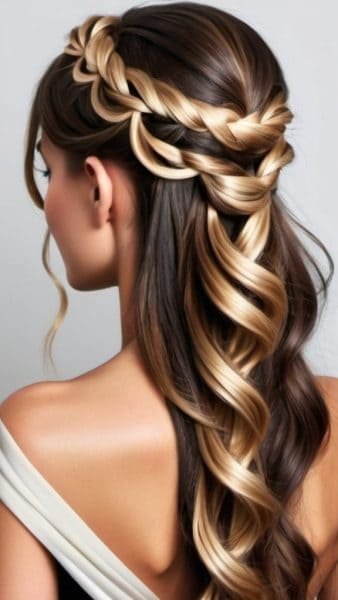 A woman with long, wavy hair featuring a mix of dark and blonde highlights, styled in an intricate braid pattern perfect for New Years Eve parties. She is wearing an off-the-shoulder, cream-colored top, accentuating her visible back.
