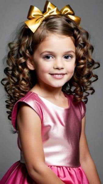A young girl with curly brown hair and a large golden bow poses for a photo, showcasing a New Years Eve party-ready hairstyle. She is wearing a shiny pink dress and smiling softly against a neutral background.