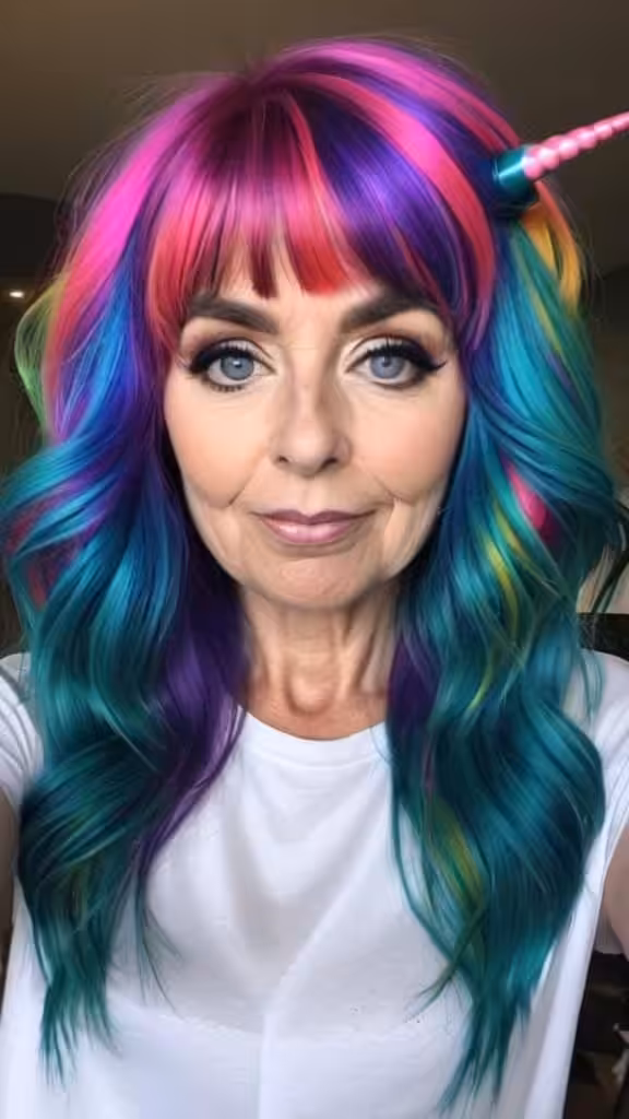 Peacock Colored Fringe Hairstyle Unicorn Hair For Woman Over 60