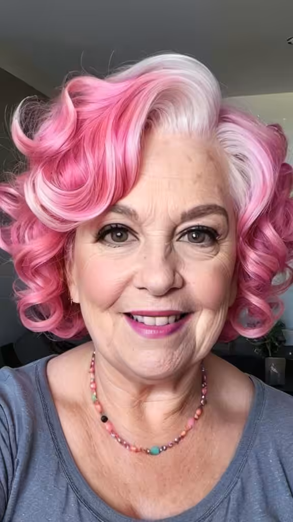 Pink Short Curls Unicorn Hair For Woman Over 60
