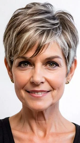 Woman with a chic pixie haircut and a warm smile looking directly at the camera against a plain white background.
