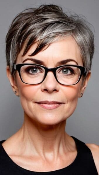 A woman with a pixie hairstyle and glasses, wearing a black top, looks at the camera with a neutral expression.