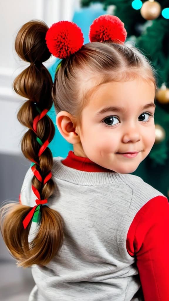 Pom-Pom Pigtails Christmas Hairstyles for Kids