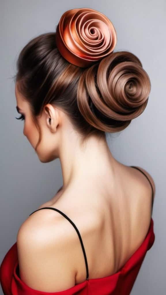 Rose Bun with Long Curls Hairstyle Christmas Hairstyles for Women