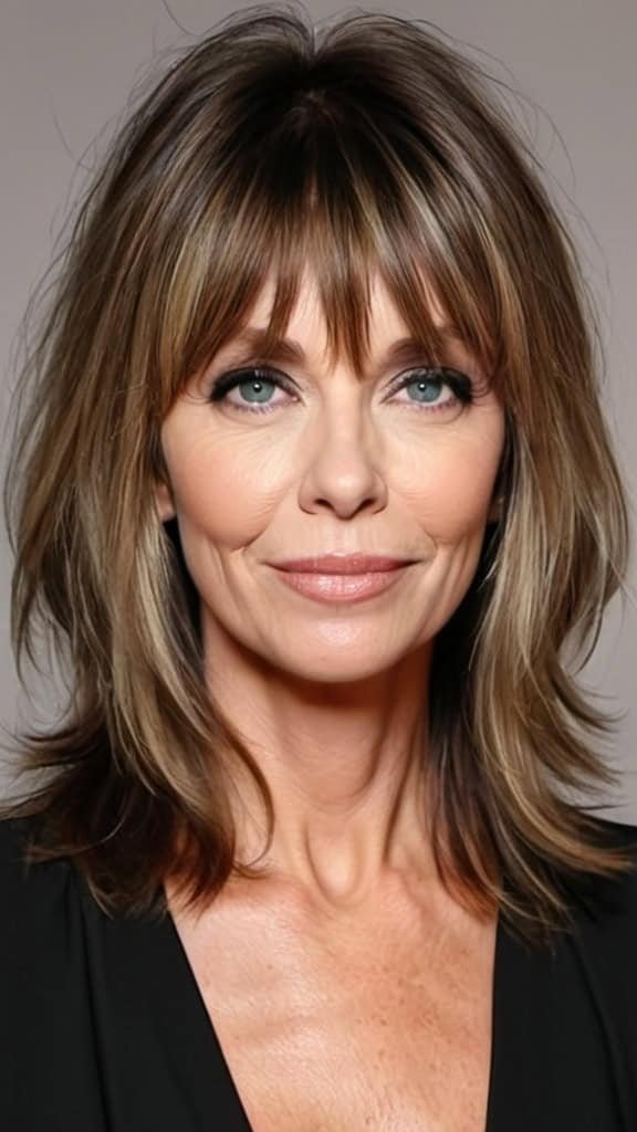 Shag with Curtain Bangs Long hairstyles for women over 40