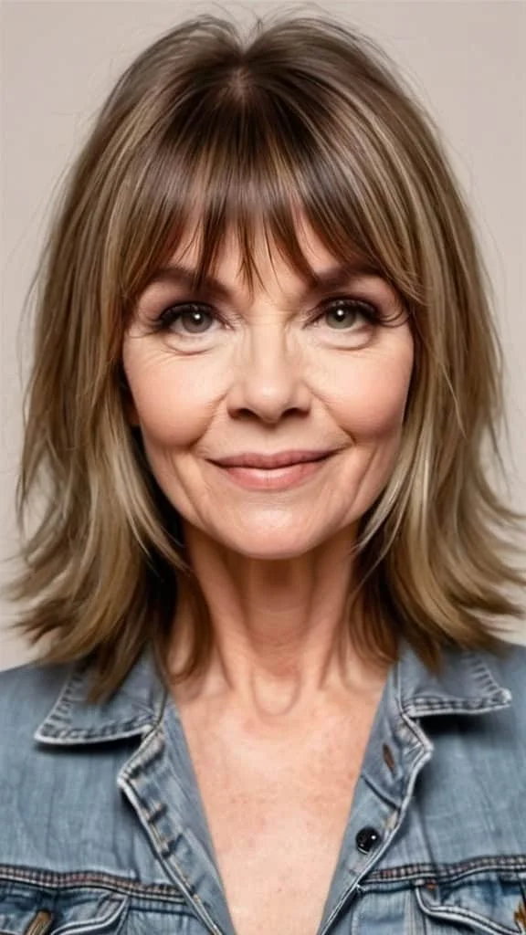 Shag with Curtain Bangs Hairstyles for round faces over 60