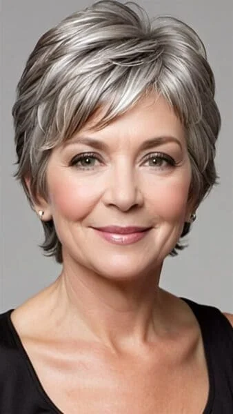 Portrait of a smiling woman in a sleeveless black top, showcasing chic short gray hair, set against a plain background.