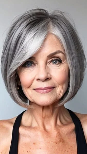 A woman with short gray bob hair smiles, showcasing a chic black tank top—a stylish short hairstyle for women over 70.
