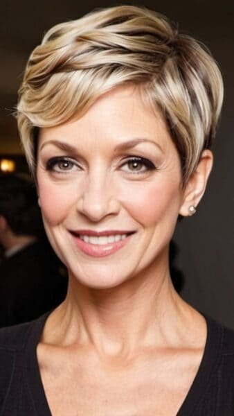 A smiling woman with short, layered blonde hair—perfect for those over 50—wears a black top against a blurred backdrop.