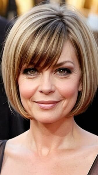 A woman with short blonde hair and bangs, embodying stylish short hairstyles for women over 40, smiles in a black top.
