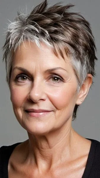 Smiling woman with short, spiky, layered gray and brown hair, wearing a black top against a neutral background.