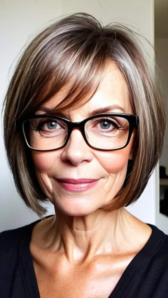 Shoulder-Length Angled Bob Hairstyles with glasses over 50