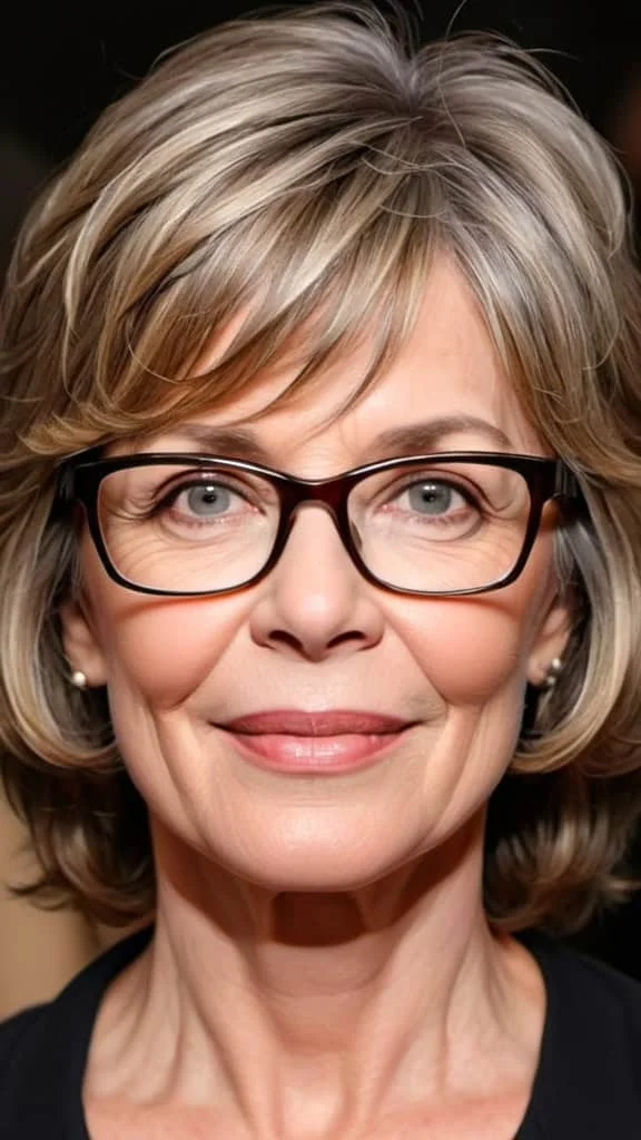 Shoulder-Length Feathered Layers Hairstyles with glasses over 50