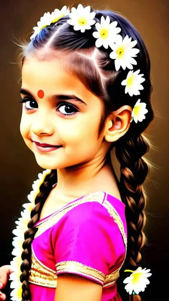 Side Braid with Flowers Diwali Hairstyles for kids