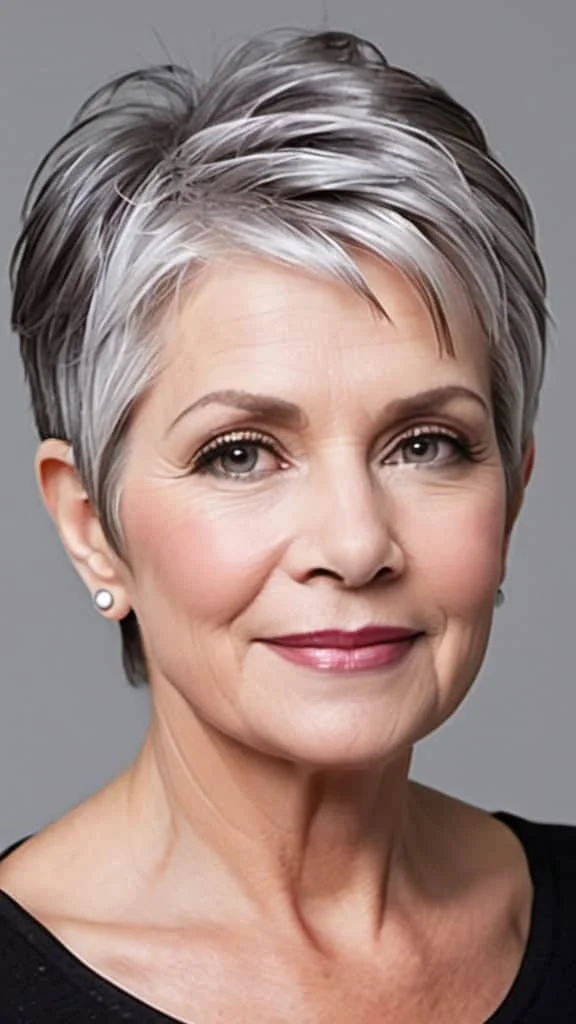 Side-Parted Bixie Short Gray Hairstyles For Women Over 60