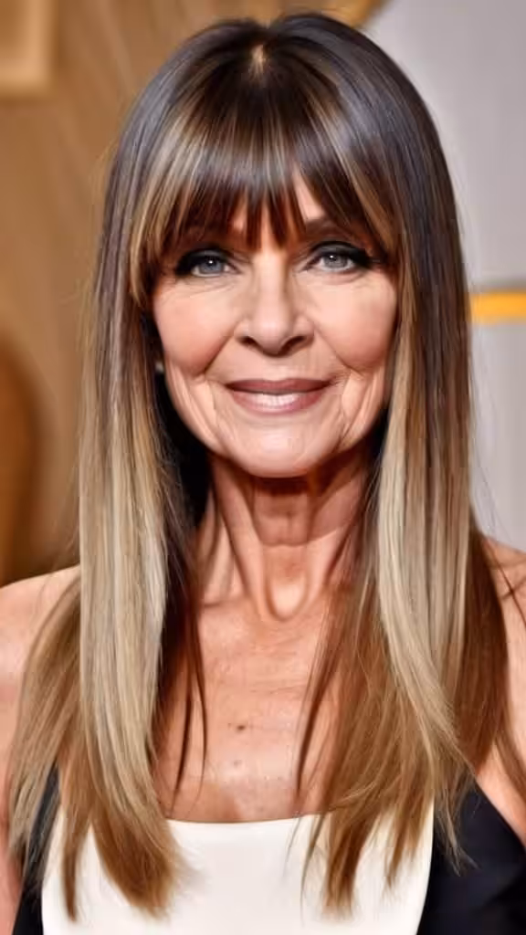Sleek Ombre with Fringe Long hairstyles after 50