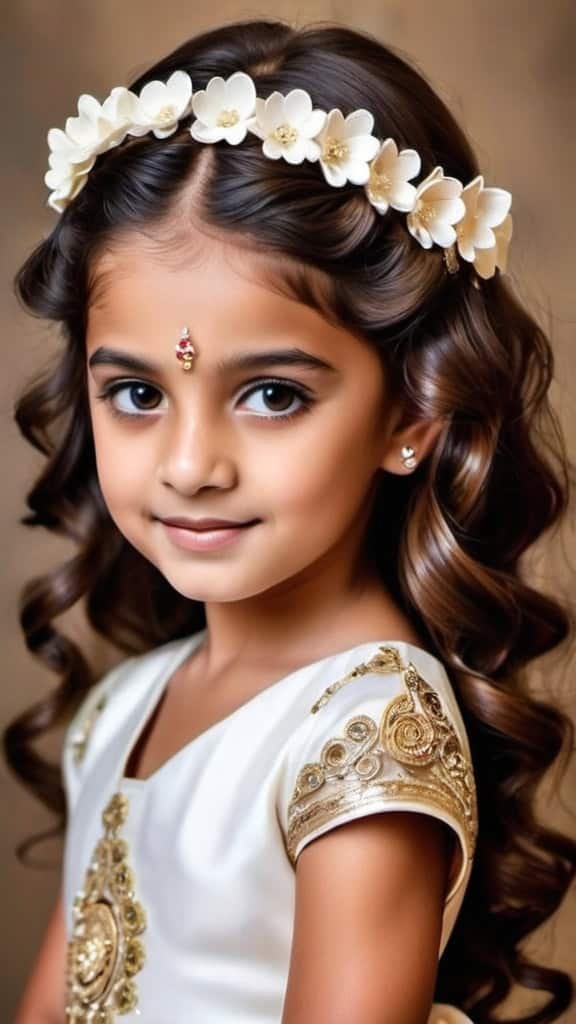 Soft Waves with Flower Accents Indian Wedding Hairstyles for Kids