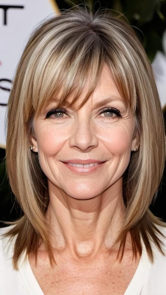 Straight Locks with Side Bangs Wavy Hairstyles For Women Over 40