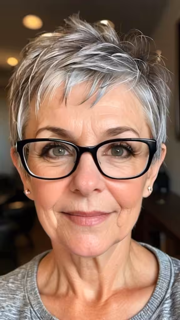 Textured Pixie with Glasses Pixie Haircuts For Women Over 50