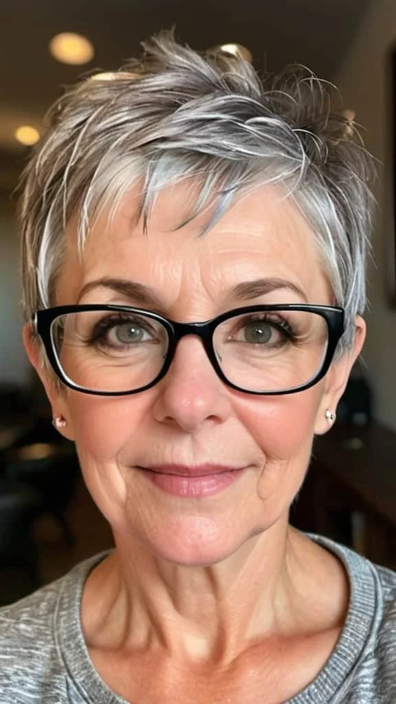 Textured Pixie with Glasses Pixie Haircuts For Women Over 50