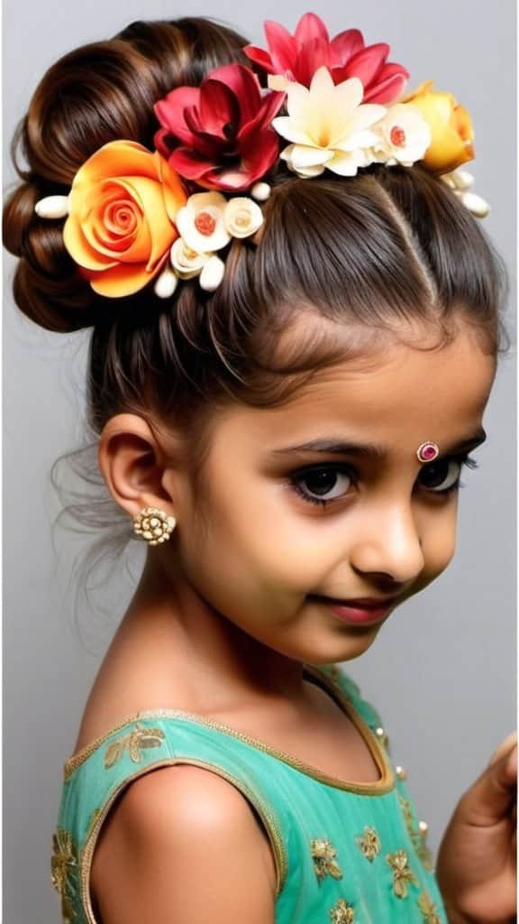 The floral bun Indian Wedding Hairstyles for Kids