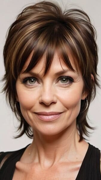 Woman with short layered brown hair and light streaks, perfect for thin hairstyles, smiling in a black top and hoop earrings.