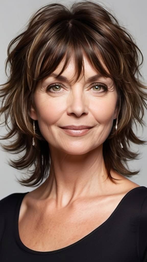 Tousled Wavy Shag with Short Bangs Long hairstyles for women over 40