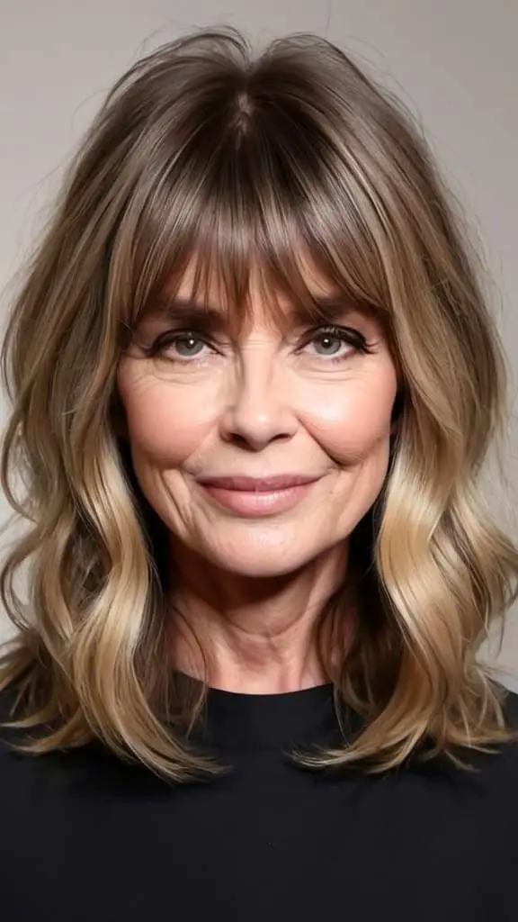 Waves with Curtain Bangs Medium Length Hairstyles For Woman Over 60