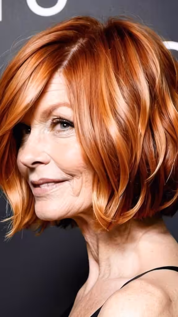 Wavy Copper Bob Short hairstyles for round faces over 50
