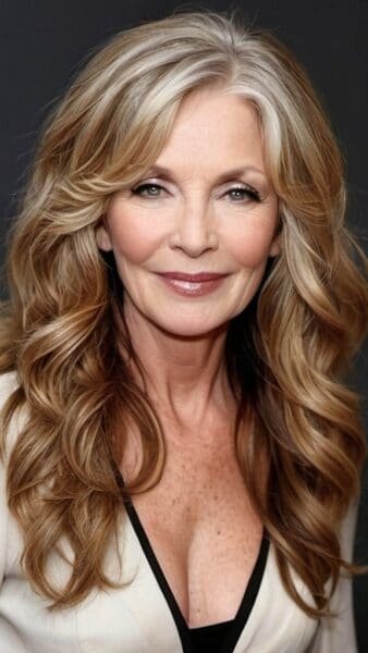 Smiling woman with long, wavy blonde hair, a chic style for women over 50, wearing a white top with black trim against a dark backdrop.