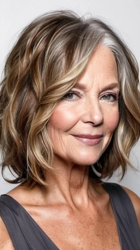 Wavy Highlighted Lob Medium Length Hairstyles For Woman Over 60