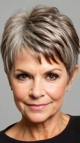 A person with a wedge haircut, short gray hair, and a slight smile gazes at the camera against a plain background.