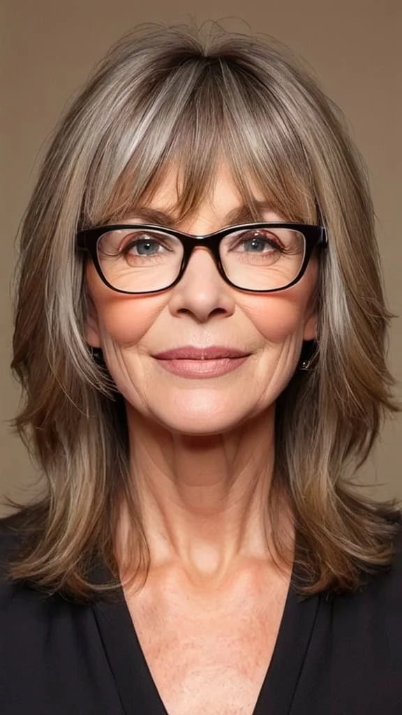 Wispy Layers with Curtain Bangs Hairstyles with glasses over 50