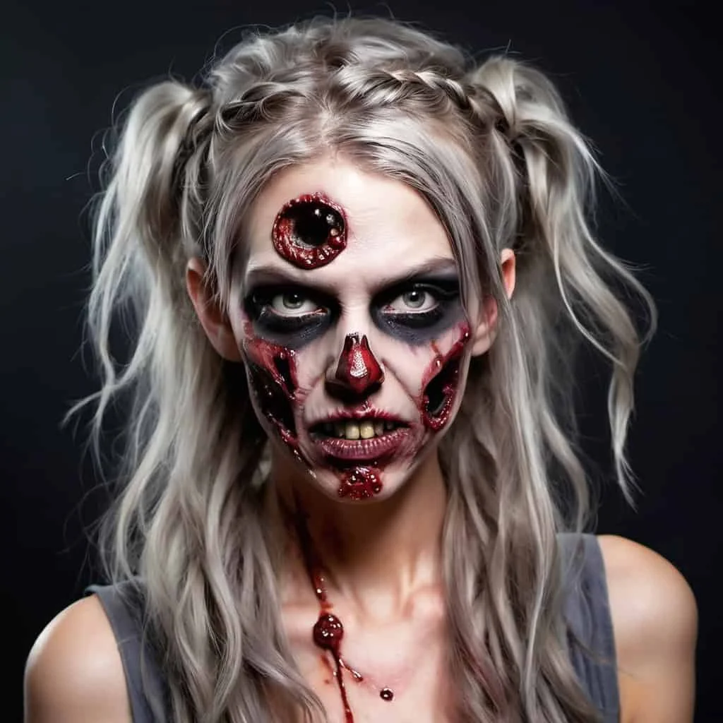 A person with light hair styled in pigtails showcases detailed zombie makeup, complete with a large fake wound on the forehead and dark eye makeup. This intense expression embodies spooky hairstyles for Halloween for women. The dark background enhances the eerie effect.