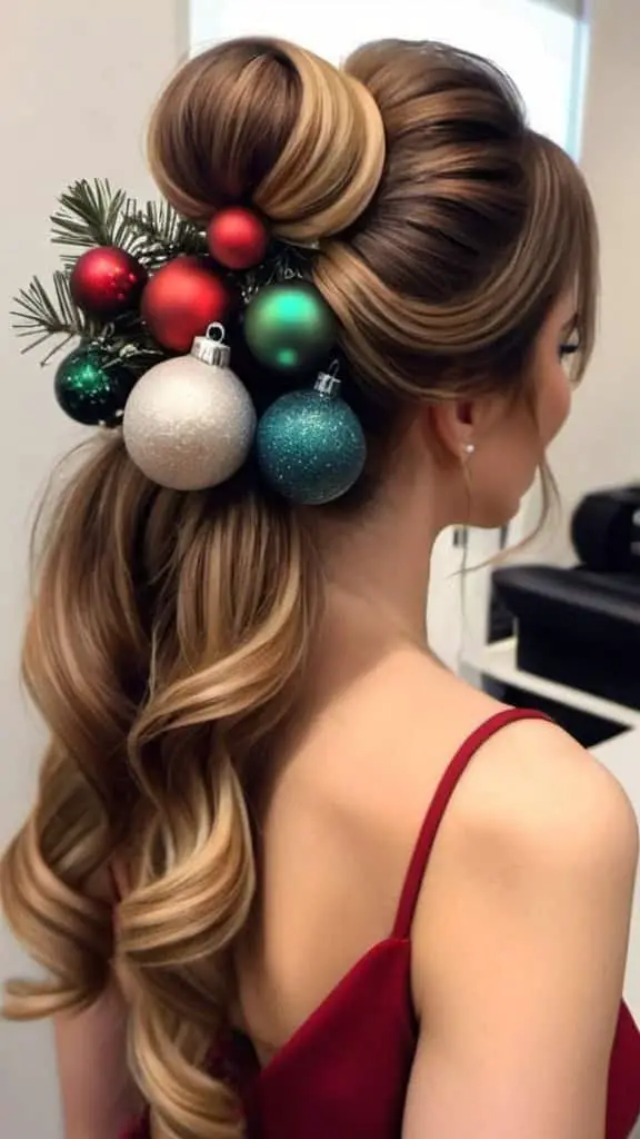 Elegant holiday hairstyle adorned with red, green, and silver ornaments; a perfect Christmas hairstyle for women.