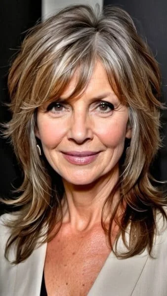 A person with shoulder-length hair—perfect for thick hair over 50—wears a light top against a dark background.