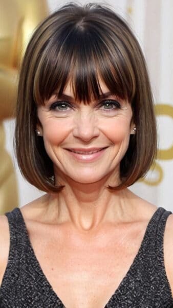 Woman, sporting a chic hairstyles with bangs for women over 40, in a sleeveless black dress, smiling at an event.