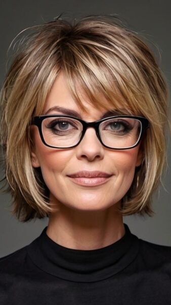 Stylish person with short, layered blonde hair and glasses, showcasing modern hairstyles for women over 40.